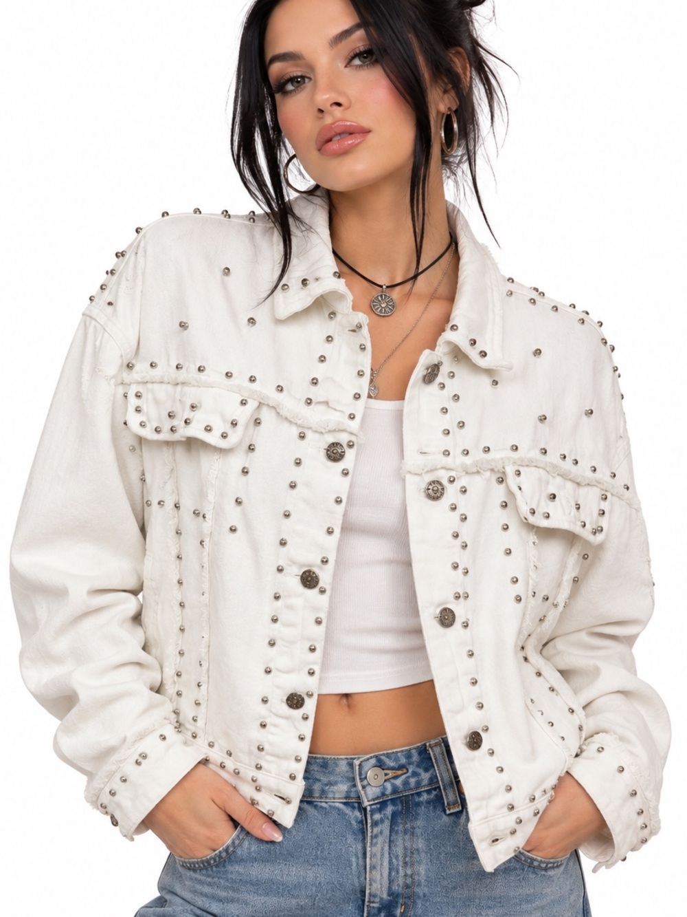 White Y2K Western Grunge Studded Cotton Denim Jacket - Embellished Jean Jacket